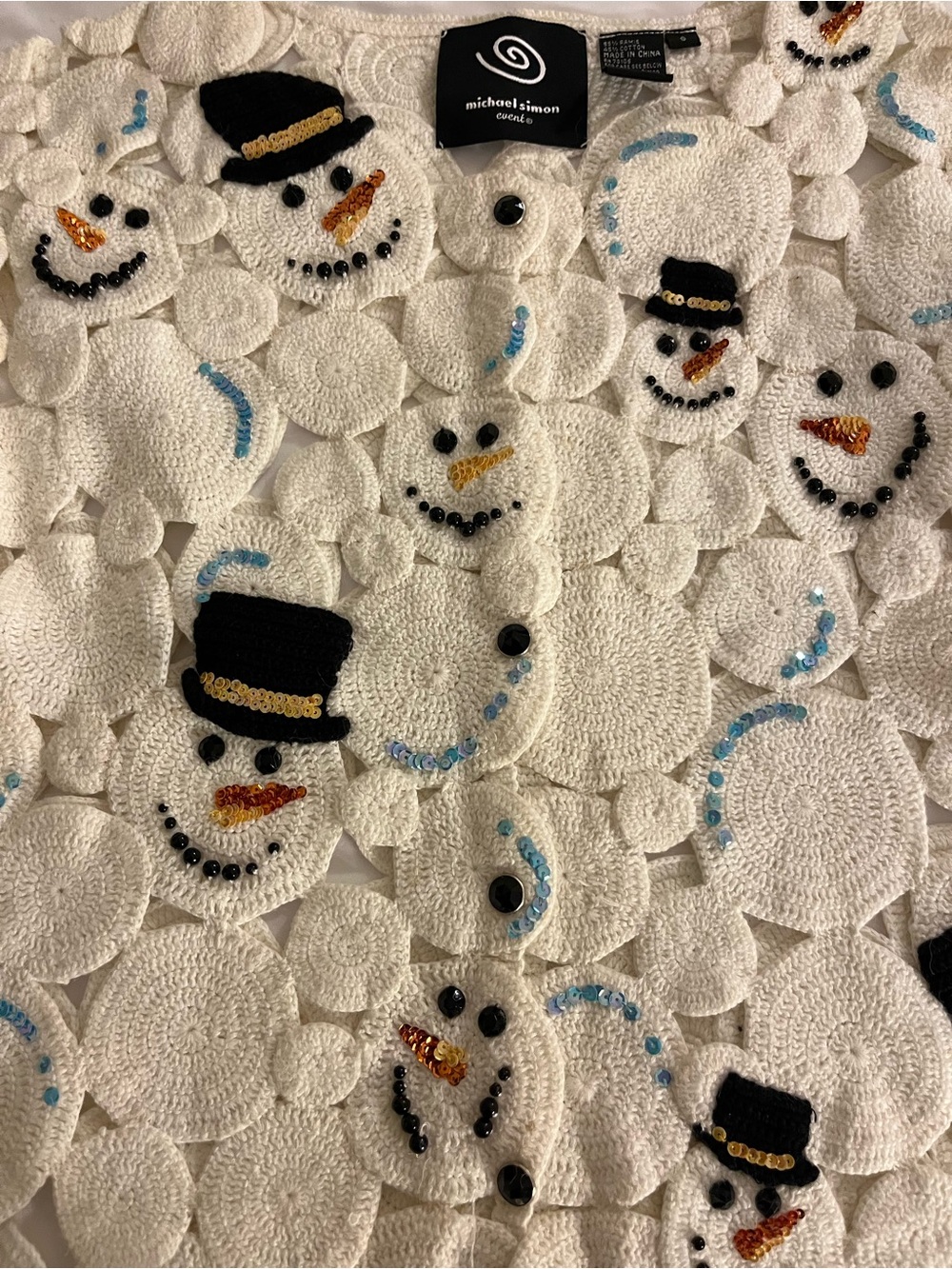 Michael Simon Crochet Snowman Cardigan Sweater